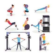 Fototapeta na wymiar Sport exercises flat vector illustrations set. Cheerful young sportsmen and sportswomen working out cartoon characters. Fitness center, gym workout, arms, legs and back muscles physical training