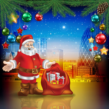 celebration greeting with cityscape of London Christmas decorations and Santa Claus