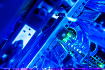 The server room tells the computer server that is working continuously. Convey the power and...