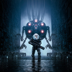Two on patrol / 3D illustration of science fiction scene showing female military astronaut exploring watery corridor with giant robot © grandeduc