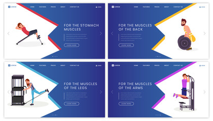 Physical workout landing page templates set. Sport center, fitness club website homepage interface idea with flat illustrations. Bodybuilding, training program web banner, webpage cartoon concept
