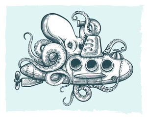 Giant octopus plays with a submarine. Vector illustration. © bogadeva1983