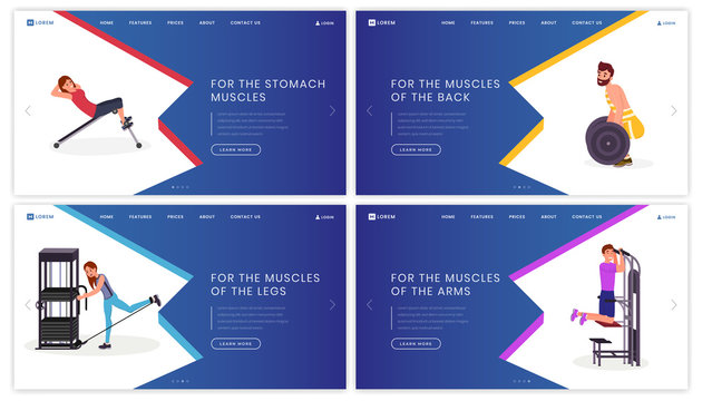 Physical workout landing page templates set. Sport center, fitness club website homepage interface idea with flat illustrations. Bodybuilding, training program web banner, webpage cartoon concept