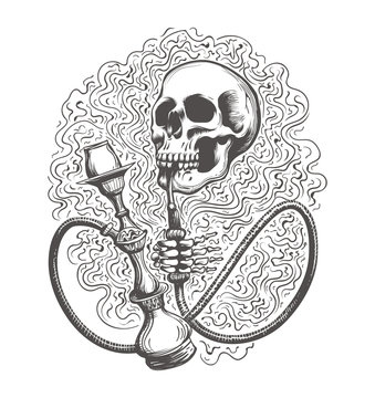 Skull with hookah in a smoke clouds. Vector illustration.