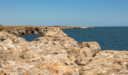 Seascape. Rocks and the sea. Tyulenovo - one of the most picturesque places on the Northern Black Sea coast, Bulgaria.