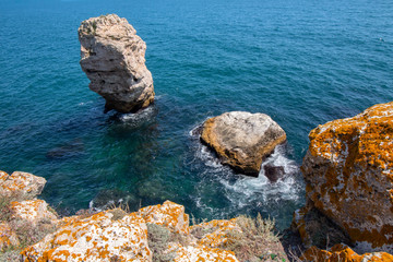 Seascape. The fantastic colors of the rocks and the sea in Tyulenovo, Northern Black Sea Coast, Bulgaria.