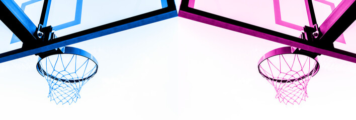 Basketball hoop isolated on white background. Blue and pink filter..