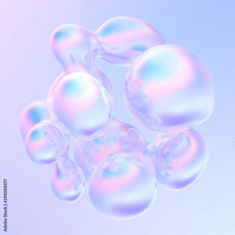 Poster Glowing liquid dynamic metallic bubbles in holographic colors. Liquid metal splash. Fluid design 3d shape. 3d rendering.