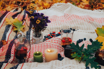 Autumn still life with candle and decorations