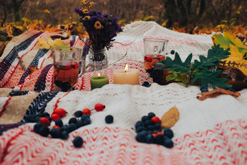 Autumn still life with candle and decorations