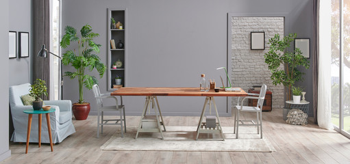 Grey living room interior decoration style. Modern wooden table middle of room, eating and working style.