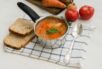 Traditional russian cabbage soup shchi in a ladle on a white background