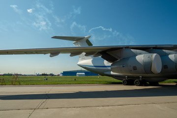 Wing, tail, engine and chassis of the Soviet and Russian heavy military transport aircraft Il-76 MD Candid-B