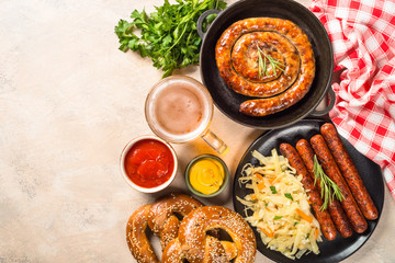 Sausage, sauerkraut, bretzels and beer.