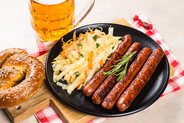 Sausage, sauerkraut, bretzels and beer.