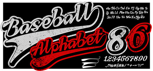 Retro Lettering font and digits. Seamless baseball font. Digits with grunge effects and in line style. Curve. Retro baseball alphabet