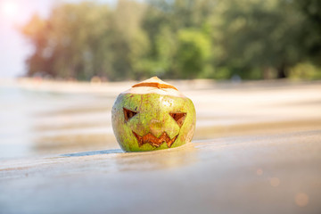 Near the sea lies a fresh green coconut with a face carved on it like on a Halloween pumpkin. A clear sunny day on the sandy beach of a tropical island. Concept of autumn vacation on holidays.