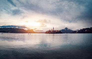 Panorama of Lake Bled at sunset 