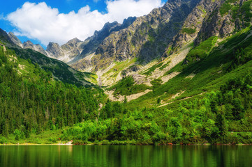 Naklejka na ściany i meble Mountain lake (Popradske Pleso) in High Tatras National Park, Slovakia.