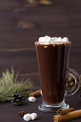 hot chocolate with whipped cream on a dark wooden background with christmas decorations