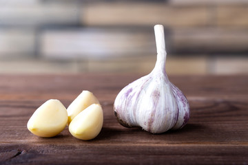garlic on a wooden table. Healthy spices, healthy food