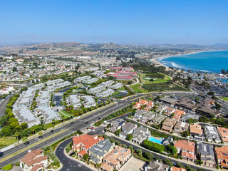 Aerial view of Dana Point Harbor town and beach