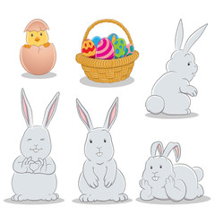 Easter Bunnies Eggs Basket and a Chick on a White Background Illustration