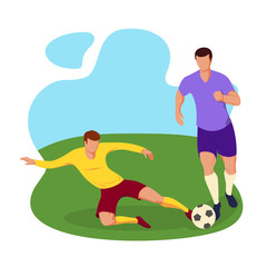 Soccer Players Kicking Ball. Football players play to football. Green grass and blue sky.