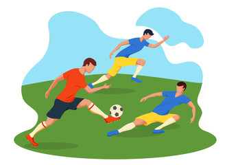 Soccer Players Kicking Ball. Football players play to football. Green grass and blue sky.