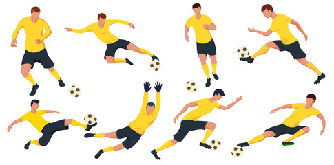 Collection soccer football players. Football team in yellow form. Vector illustration.