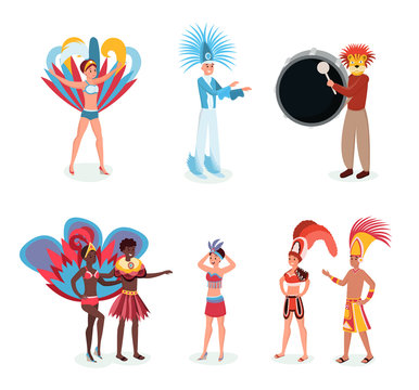 South american carnival vector illustrations set. Young latino men and women in authentic costumes cartoon characters. Traditional brazilian holiday celebration, smiling people in beautiful outfits