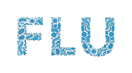 Blue germs / bacteria spelling the word Flu - Vector illustration