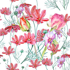 Botanical watercolor seamless pattern of flowers in the garden.