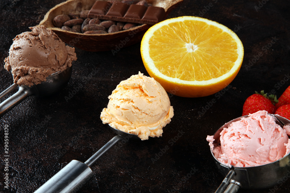 Poster Set of ice cream scoops of different colors and flavours with berries, chocolate and fruits on background