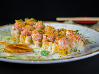 japanese food delicious salmon uramaki sushi with rice