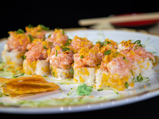 japanese food delicious salmon uramaki sushi with rice