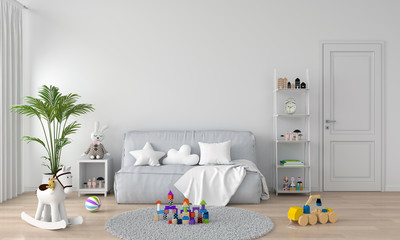 Gray sofa in white child room interior, 3D rendering