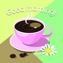 Morning cup of coffee, good morning, breakfast. A cup of coffee with coffee beans and chamomile flowers. Flat design. Vector illustration.