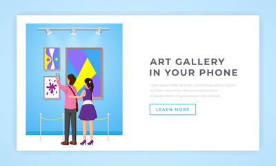 Art gallery in phone landing page. Young couple visiting abstract paintings exhibition, taking photos cartoon characters. Modern art collection promotional website page design layout