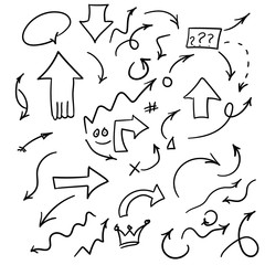 Hand drawn arrow set, collection of black direction pencil sketch symbols, vector illustration graphic design elements