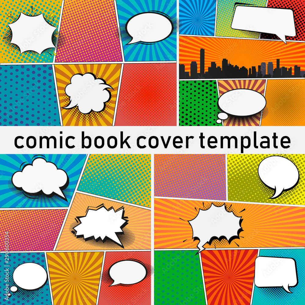 Poster Abstract Creative concept vector comics pop art style blank layout template with clouds beams and isolated dots pattern on background. For Web and Mobile Applications, illustration template design.