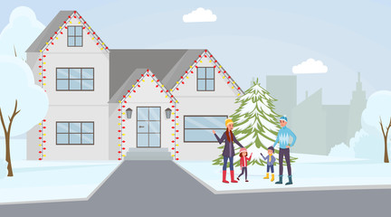 Fototapeta na wymiar Happy family outdoors flat vector illustration. Cheerful mother, father, son and daughter cartoon characters. Smiling parents with children standing outside house decorated with christmas garland