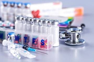 Drug prescription for treatment medication. Pharmaceutical medicament, cure in container for health. Pharmacy theme, capsule pills with medicine antibiotic in packages.