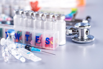 Drug prescription for treatment medication. Pharmaceutical medicament, cure in container for...