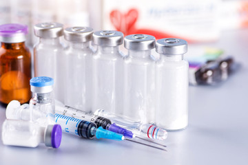 Drug prescription for treatment medication. Pharmaceutical medicament, cure in container for health. Pharmacy theme, capsule pills with medicine antibiotic in packages.