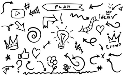 Isolated vector hand drawn arrows set. Vector crown logo. Hand drawn arrows graffiti sketch and signs collections. Arrows Black brush line isolated on white background