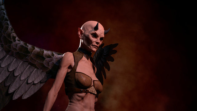 Horned female demon posing over red dark background