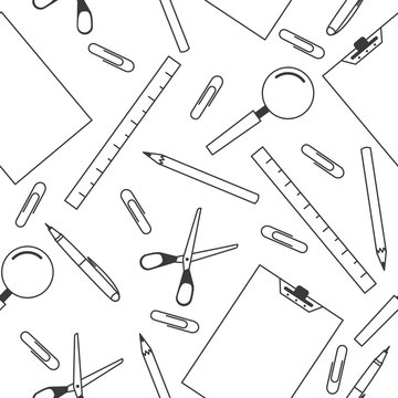 School or office equipment seamless pattern. Scissors, pen, pencil, line, paper clip, magnifying glass and paper tablet pattern isolated on white background.