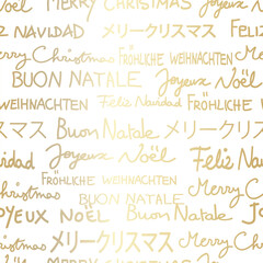 White and gold merry Christmas seamless pattern in several languages. Text only Christmas vector background.