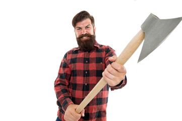 Rage in his blood. Man with axe. Bearded man hold axe isolated on white. Brutal lumberjack. Cutting...